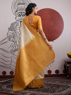 Monjolika Fashion Cream And Orange Handloom Weaving Silk Blend Festival Trendy Saree | Grocsy
