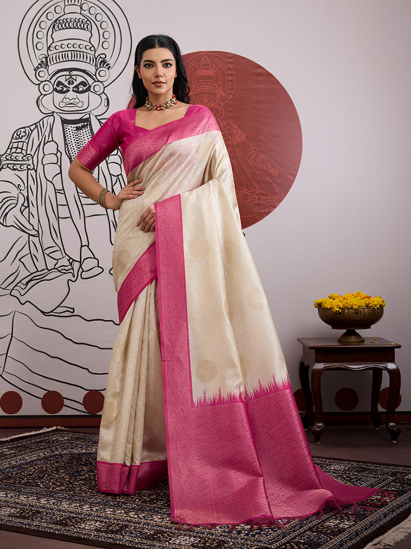 Monjolika Fashion Cream And Rani Pink Handloom Weaving Silk Blend Festival Trendy Saree | Grocsy