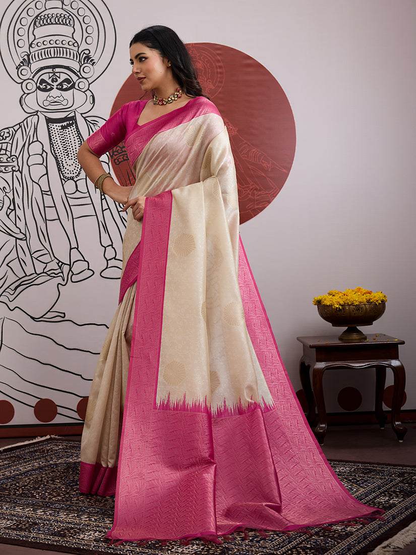 Monjolika Fashion Cream And Rani Pink Handloom Weaving Silk Blend Festival Trendy Saree | Grocsy