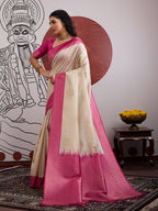 Monjolika Fashion Cream And Rani Pink Handloom Weaving Silk Blend Festival Trendy Saree | Grocsy