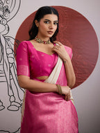 Monjolika Fashion Cream And Rani Pink Handloom Weaving Silk Blend Festival Trendy Saree | Grocsy