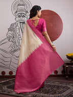 Monjolika Fashion Cream And Rani Pink Handloom Weaving Silk Blend Festival Trendy Saree | Grocsy