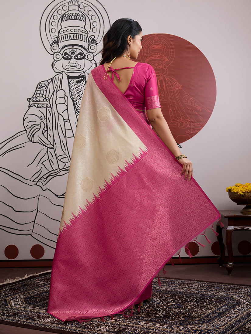 Monjolika Fashion Cream And Rani Pink Handloom Weaving Silk Blend Festival Trendy Saree | Grocsy