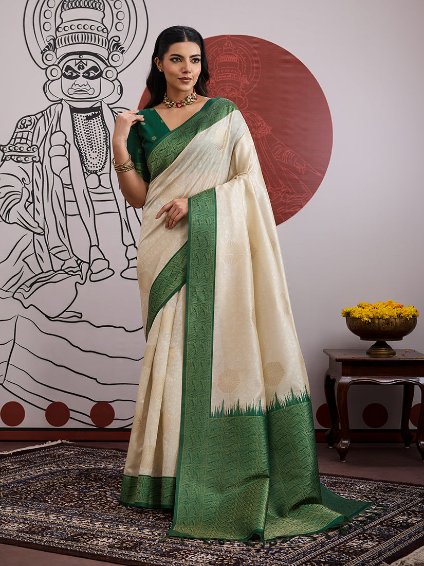 Monjolika Fashion Cream And Green Handloom Weaving Silk Blend Festival Trendy Saree | Grocsy