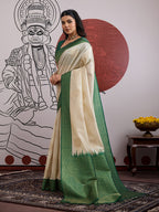 Monjolika Fashion Cream And Green Handloom Weaving Silk Blend Festival Trendy Saree | Grocsy