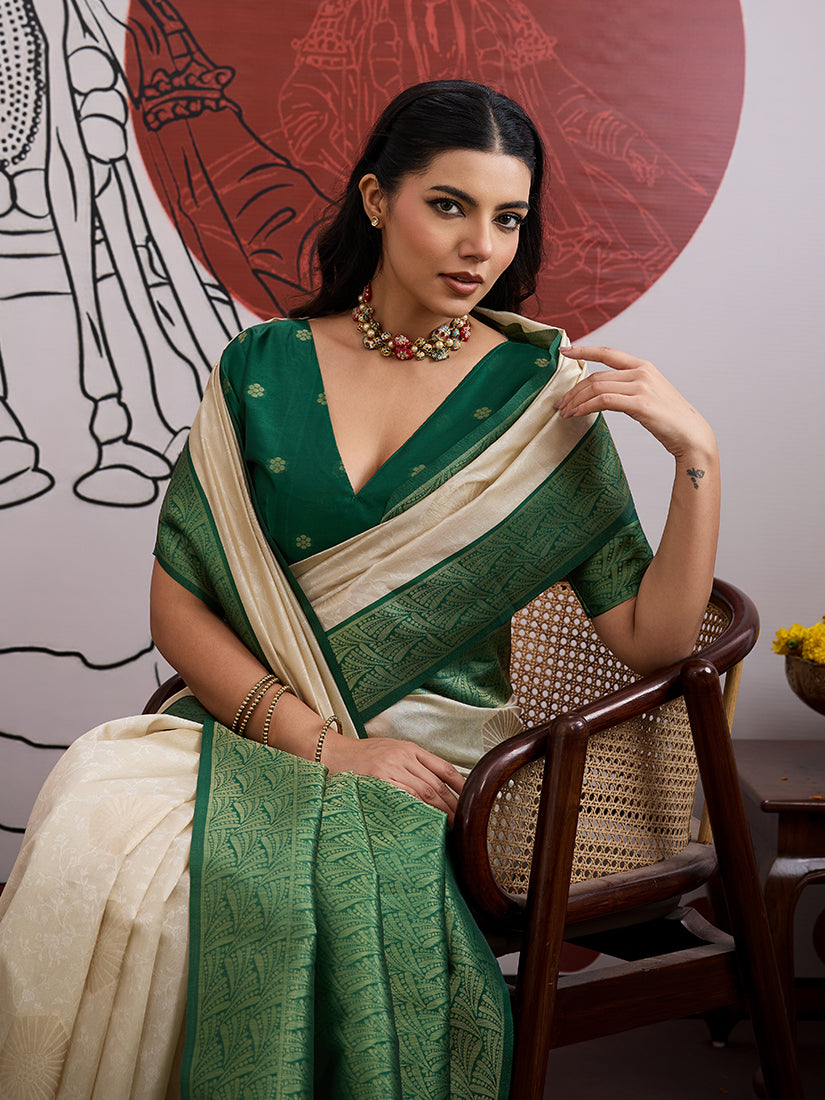 Monjolika Fashion Cream And Green Handloom Weaving Silk Blend Festival Trendy Saree | Grocsy
