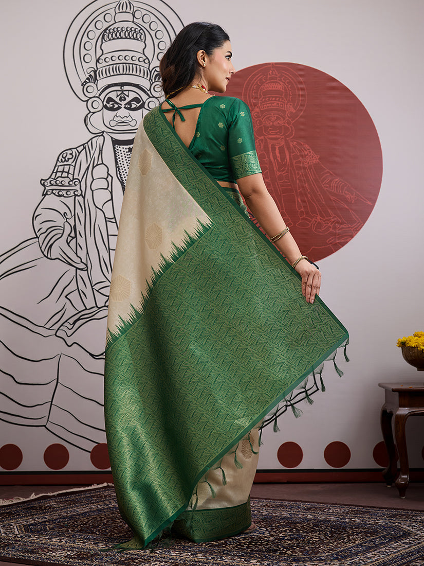 Monjolika Fashion Cream And Green Handloom Weaving Silk Blend Festival Trendy Saree | Grocsy