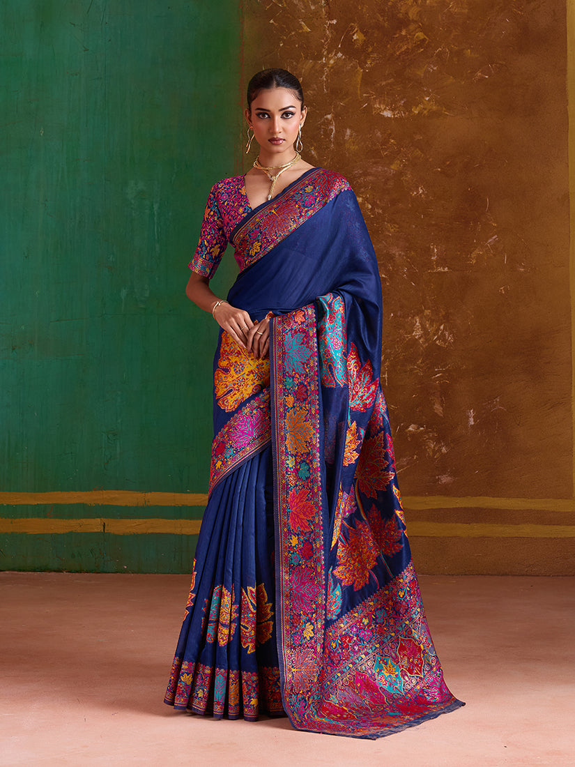Monjolika Fashion Navy Blue Cotton Blend Weaving Contemporary Saree | Grocsy