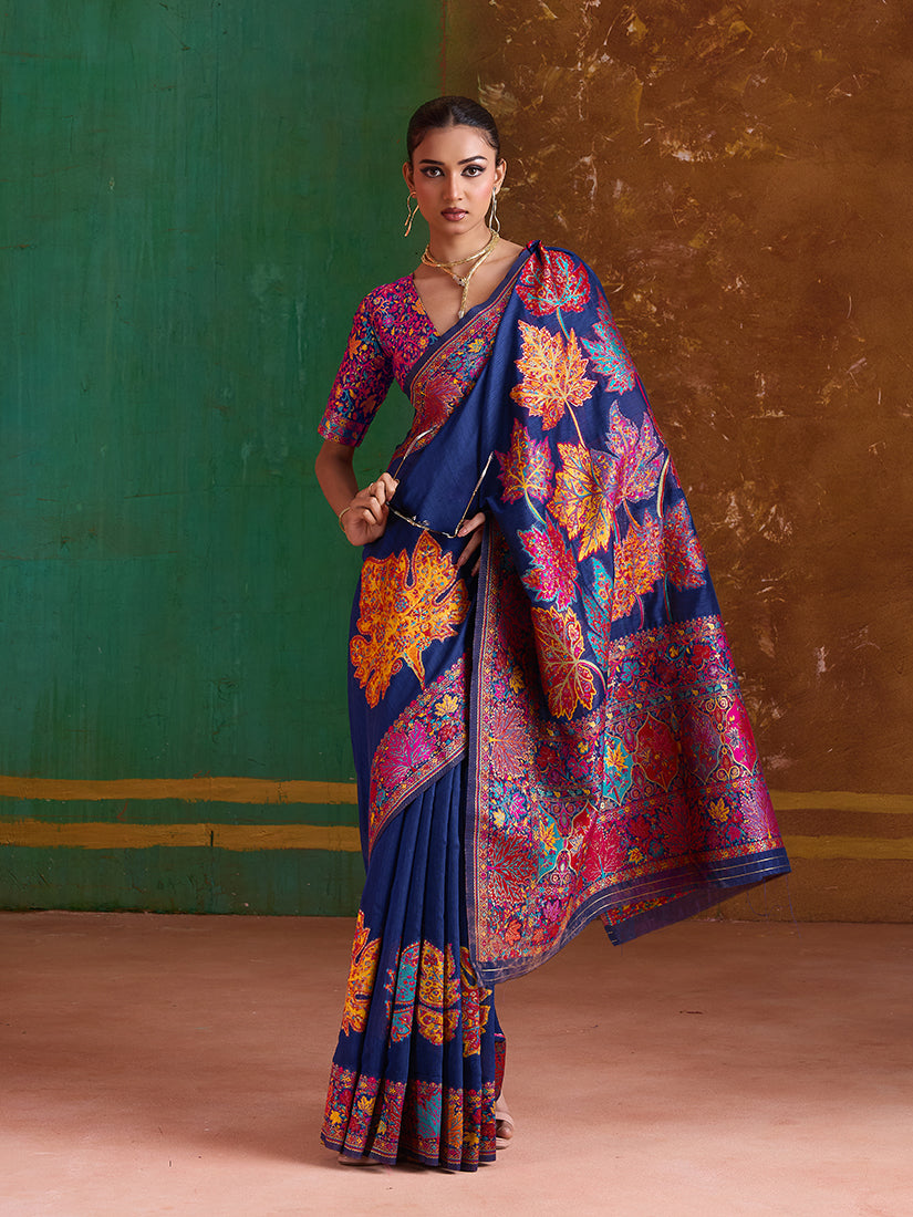 Monjolika Fashion Navy Blue Cotton Blend Weaving Contemporary Saree | Grocsy