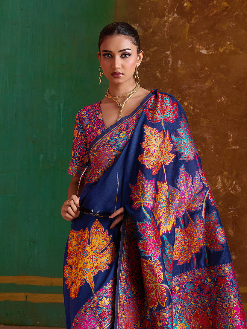 Monjolika Fashion Navy Blue Cotton Blend Weaving Contemporary Saree | Grocsy