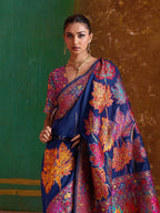 Monjolika Fashion Navy Blue Cotton Blend Weaving Contemporary Saree | Grocsy