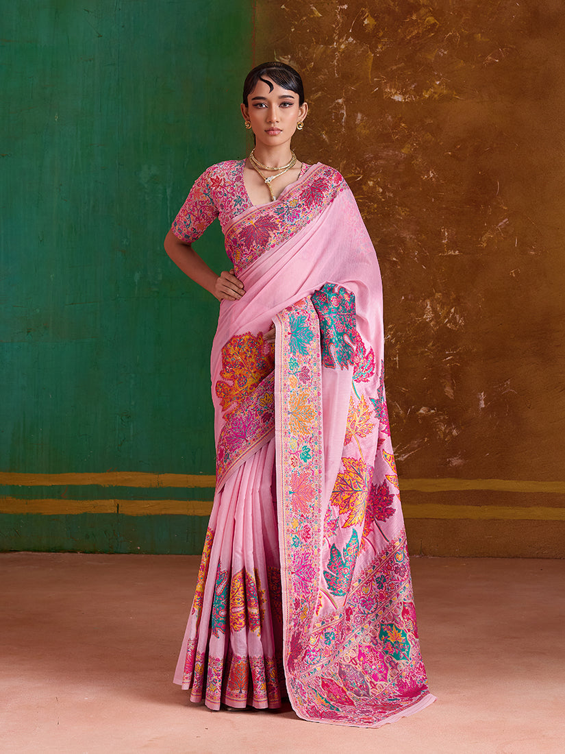Monjolika Fashion Pink Cotton Blend Weaving Contemporary Saree | Grocsy