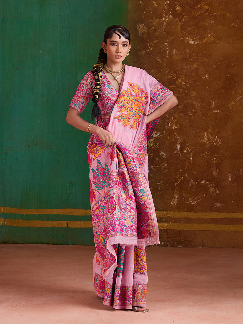 Monjolika Fashion Pink Cotton Blend Weaving Contemporary Saree | Grocsy