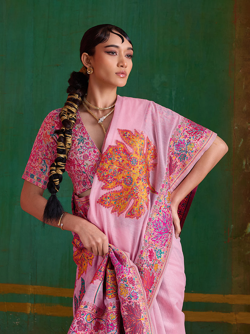 Monjolika Fashion Pink Cotton Blend Weaving Contemporary Saree | Grocsy