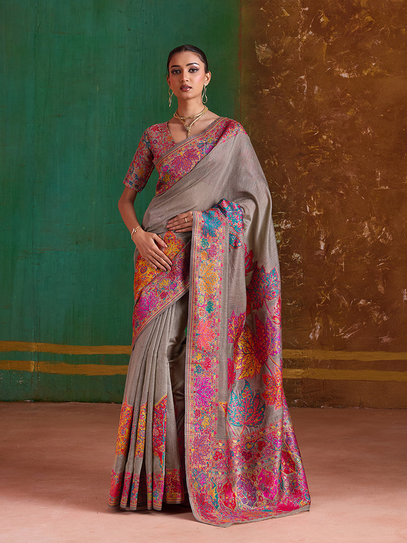 Monjolika Fashion Grey Cotton Blend Weaving Contemporary Saree | Grocsy