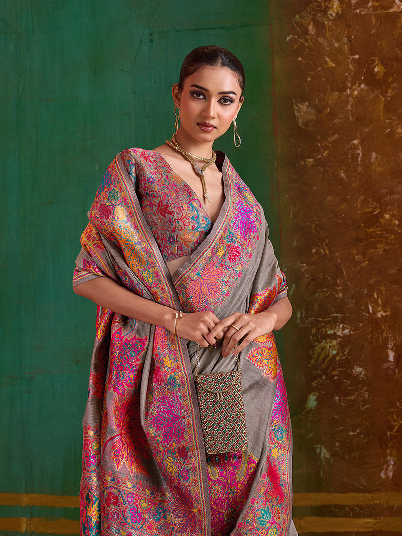 Monjolika Fashion Grey Cotton Blend Weaving Contemporary Saree | Grocsy