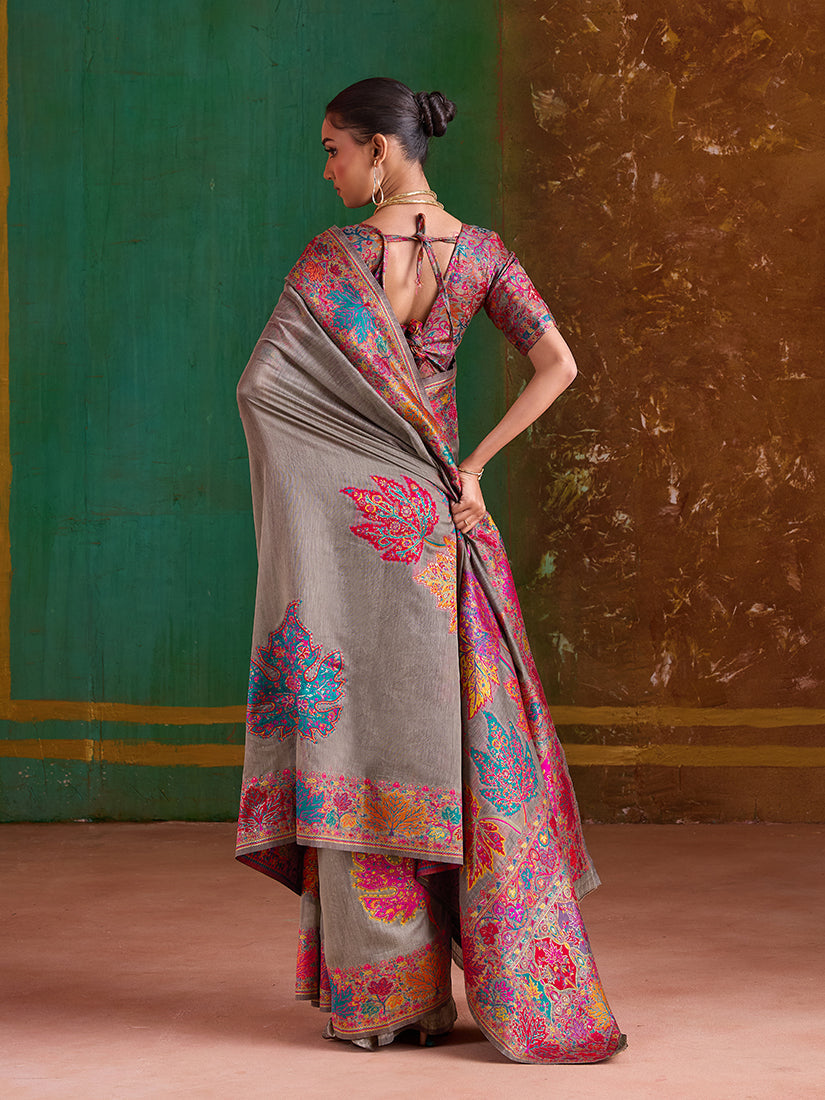 Monjolika Fashion Grey Cotton Blend Weaving Contemporary Saree | Grocsy