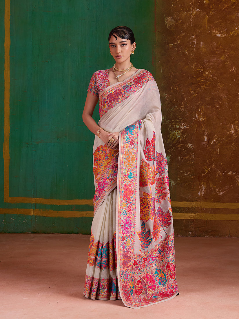 Monjolika Fashion Cream Cotton Blend Weaving Contemporary Saree | Grocsy