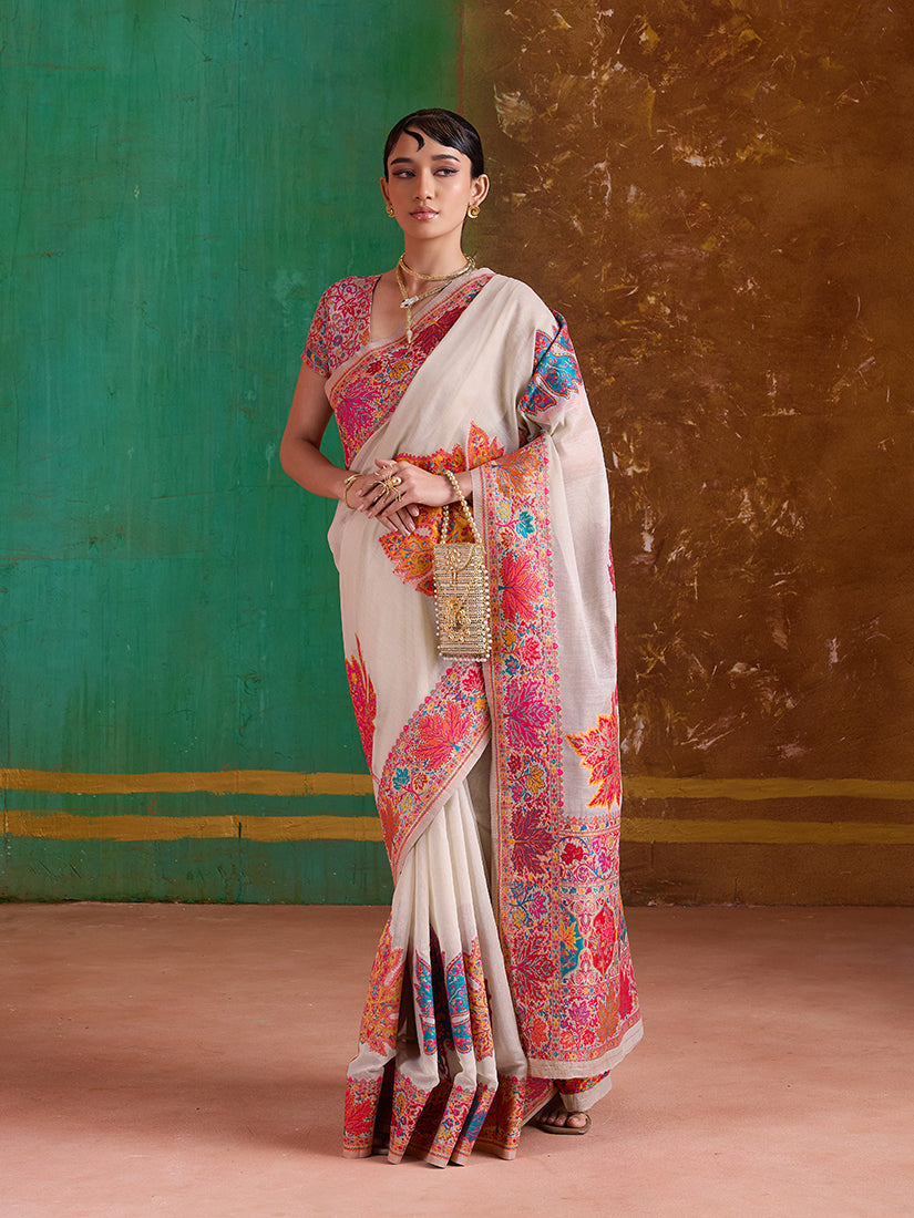 Monjolika Fashion Cream Cotton Blend Weaving Contemporary Saree | Grocsy