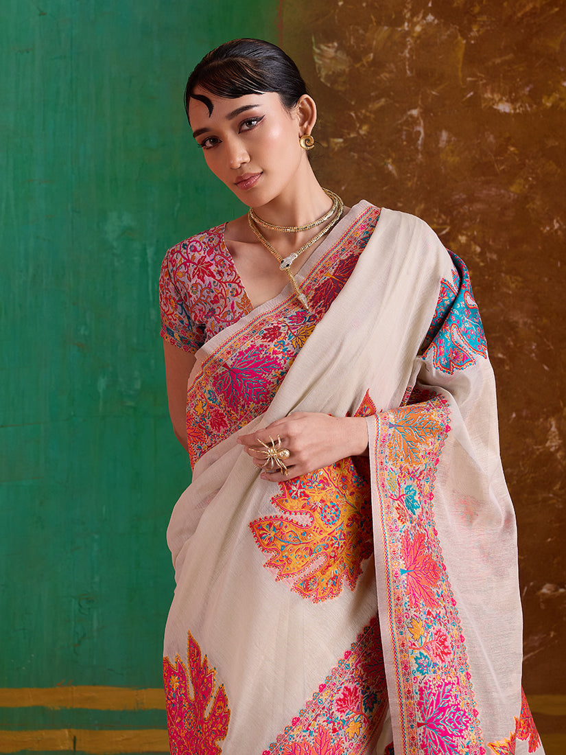 Monjolika Fashion Cream Cotton Blend Weaving Contemporary Saree | Grocsy