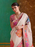 Monjolika Fashion Cream Cotton Blend Weaving Contemporary Saree | Grocsy