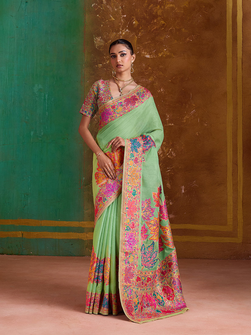 Monjolika Fashion Light Green Cotton Blend Weaving Contemporary Saree | Grocsy