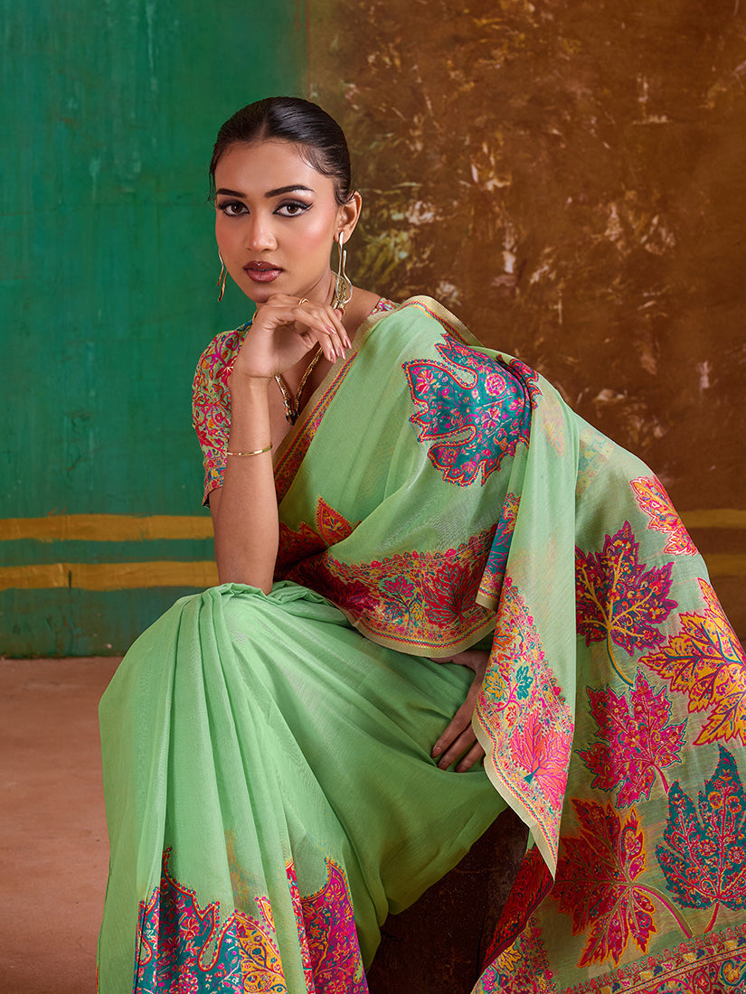 Monjolika Fashion Light Green Cotton Blend Weaving Contemporary Saree | Grocsy