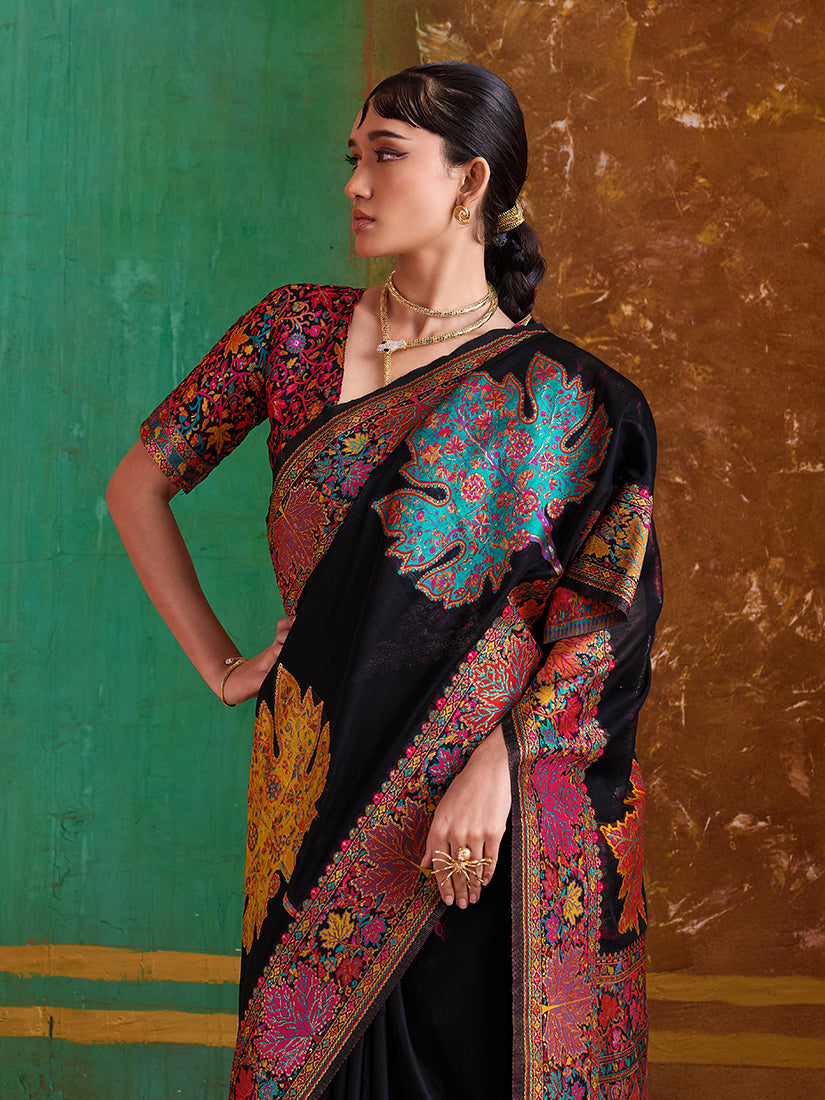 Monjolika Fashion Black Cotton Blend Weaving Contemporary Saree | Grocsy