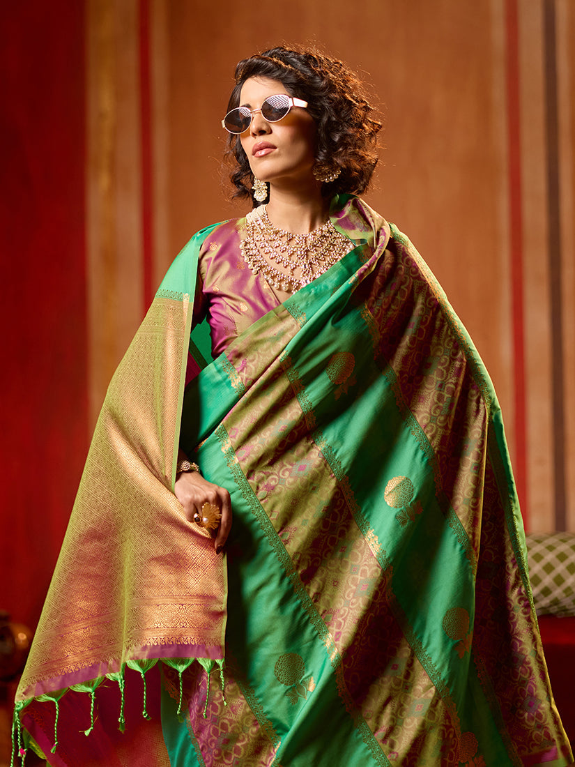 Monjolika Fashion Multi Colour Handloom Silk Blend Contemporary Saree With Weaving Work | Grocsy