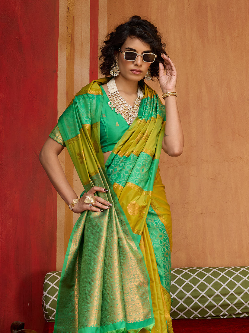 Monjolika Fashion Multi Colour Handloom Silk Blend Contemporary Saree With Weaving Work | Grocsy