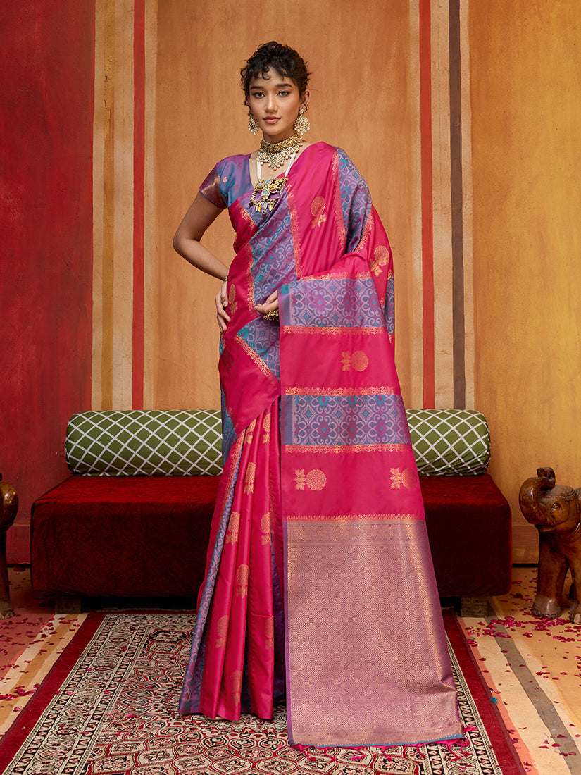 Monjolika Fashion Multi Colour Handloom Silk Blend Contemporary Saree With Weaving Work | Grocsy