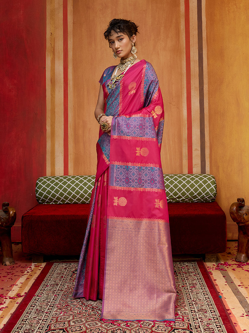 Monjolika Fashion Multi Colour Handloom Silk Blend Contemporary Saree With Weaving Work | Grocsy