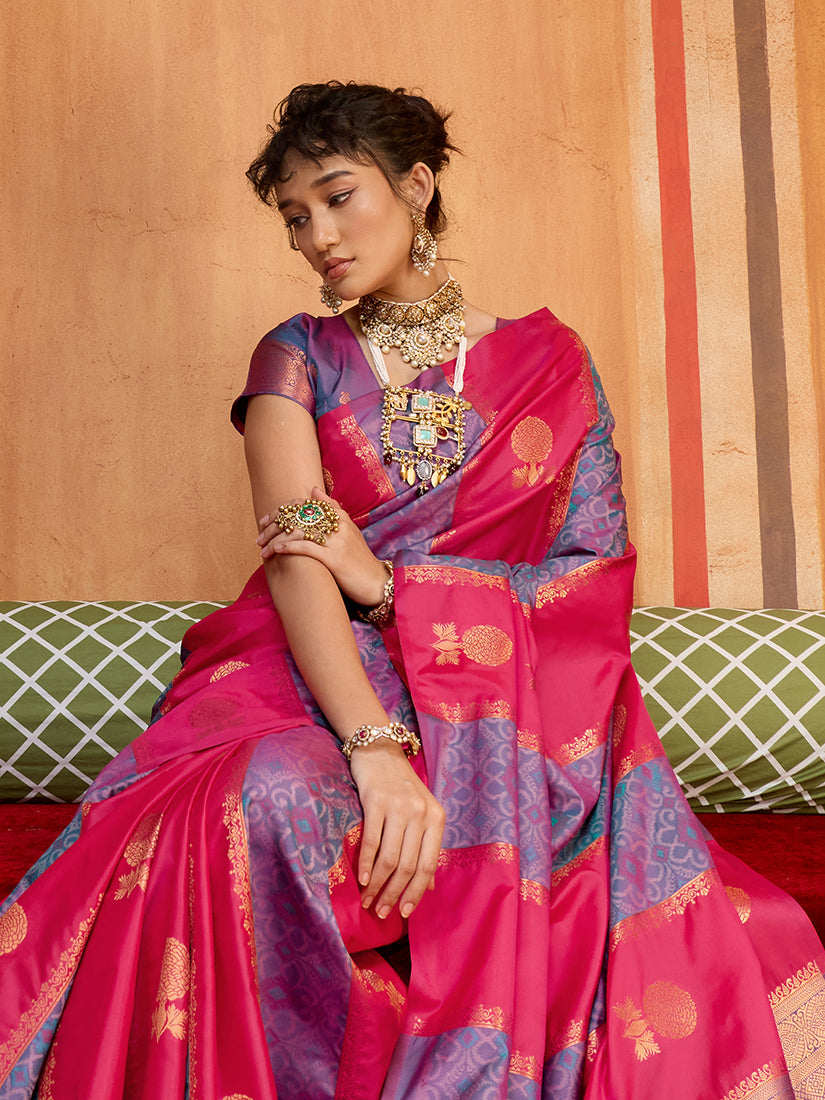 Monjolika Fashion Multi Colour Handloom Silk Blend Contemporary Saree With Weaving Work | Grocsy