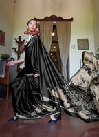 Monjolika Fashion Satin Printed Black Casual Saree | Grocsy