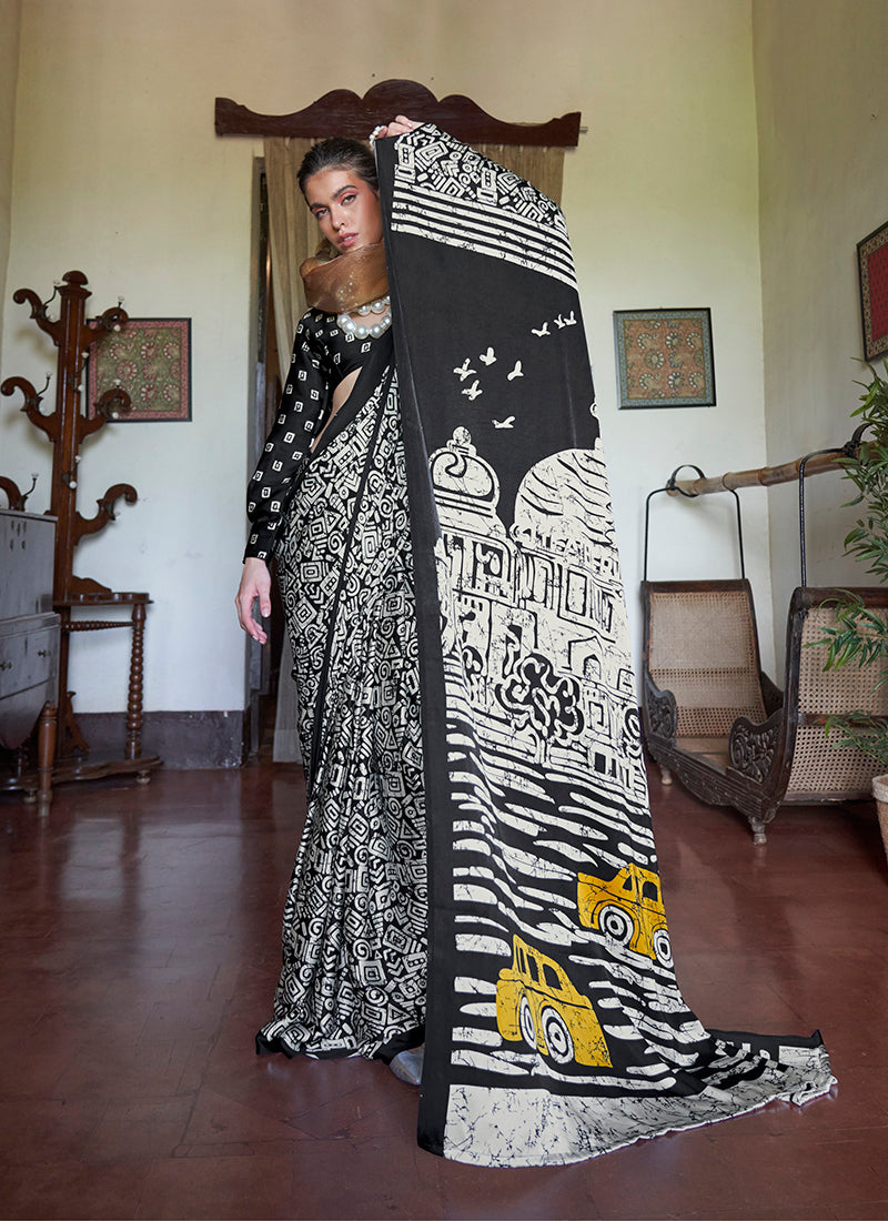 Monjolika Fashion Satin Printed Black Casual Saree | Grocsy