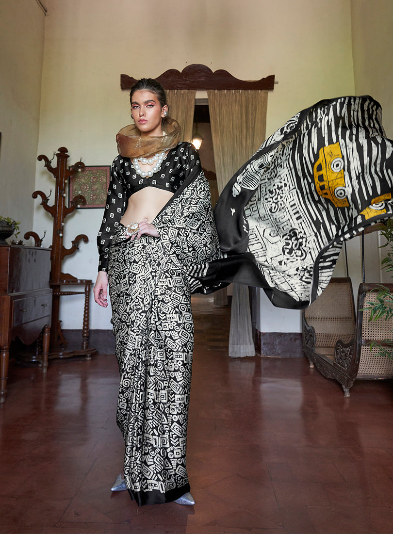 Monjolika Fashion Satin Printed Black Casual Saree | Grocsy