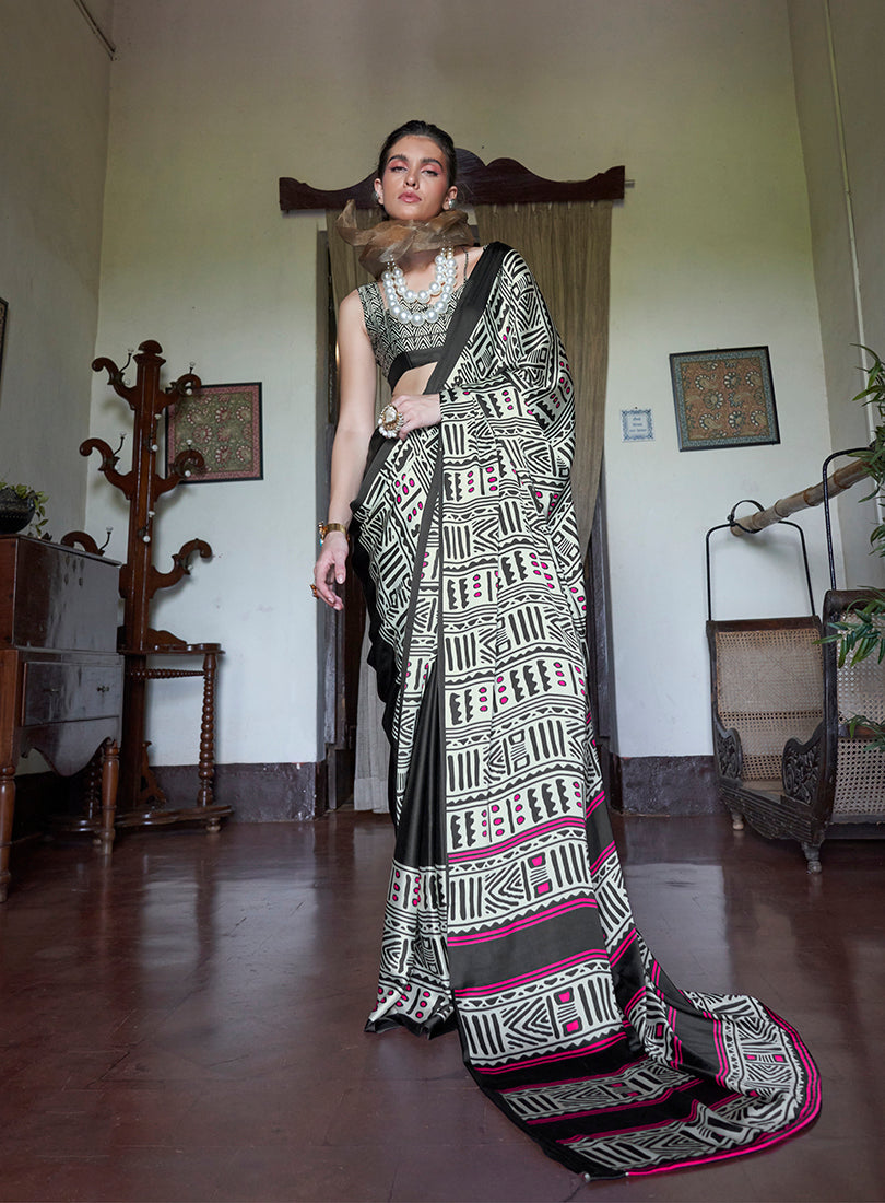 Monjolika Fashion Satin Printed Multicolor Casual Saree | Grocsy