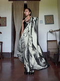 Monjolika Fashion Satin Printed Black And White Casual Saree | Grocsy
