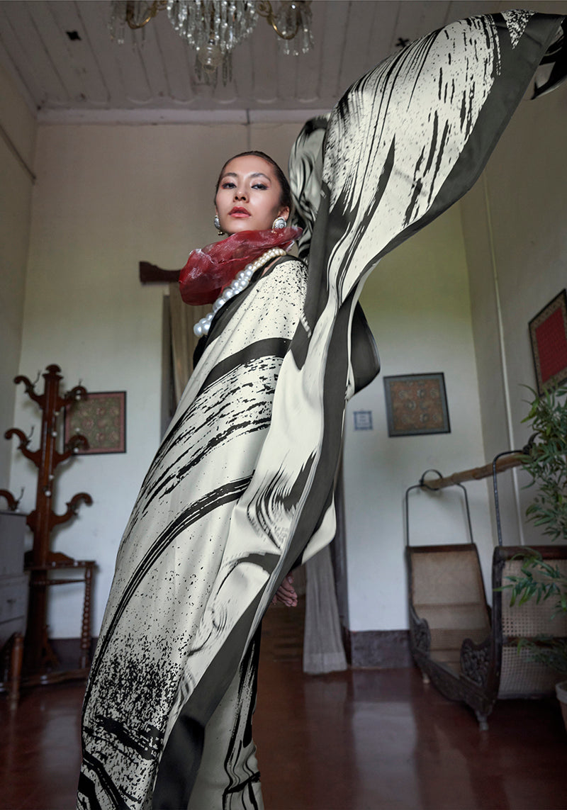 Monjolika Fashion Satin Printed Black And White Casual Saree | Grocsy