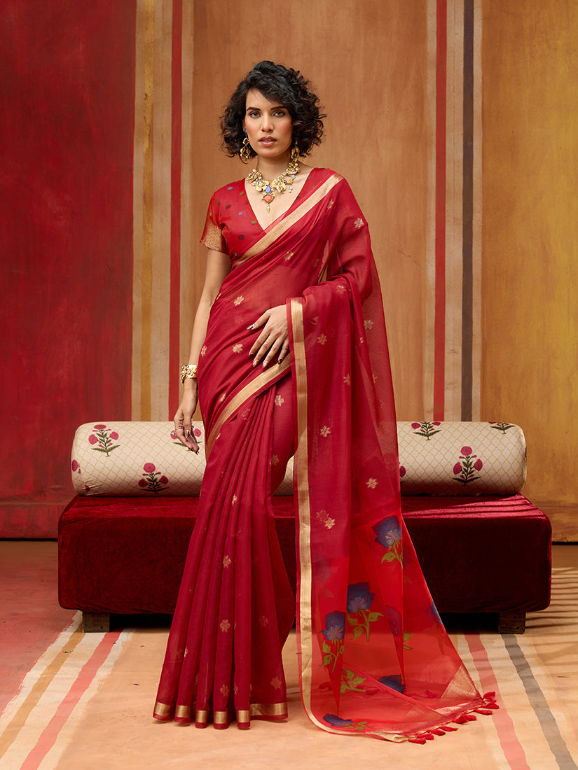 Monjolika Fashion Red Handloom Cotton Blend Weaving Classic Saree | Grocsy