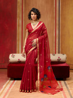 Monjolika Fashion Red Handloom Cotton Blend Weaving Classic Saree | Grocsy