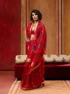 Monjolika Fashion Red Handloom Cotton Blend Weaving Classic Saree | Grocsy
