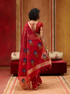Monjolika Fashion Red Handloom Cotton Blend Weaving Classic Saree | Grocsy