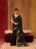 Monjolika Fashion Black Handloom Cotton Blend Weaving Classic Saree | Grocsy