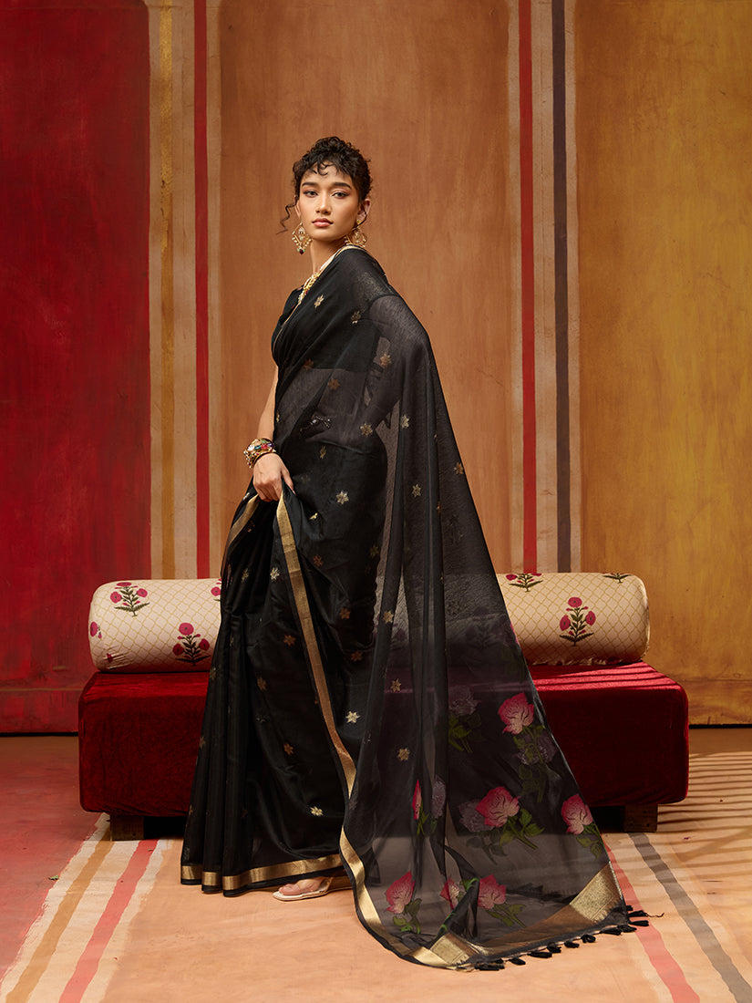 Monjolika Fashion Black Handloom Cotton Blend Weaving Classic Saree | Grocsy
