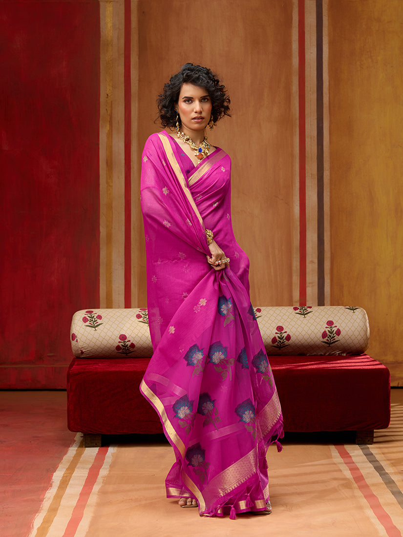 Monjolika Fashion Magenta Handloom Cotton Blend Weaving Classic Saree | Grocsy