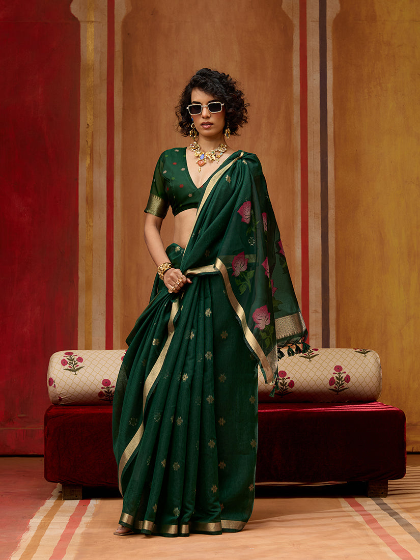 Monjolika Fashion Dark Green Handloom Cotton Blend Weaving Classic Saree | Grocsy