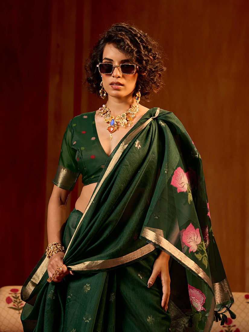 Monjolika Fashion Dark Green Handloom Cotton Blend Weaving Classic Saree | Grocsy