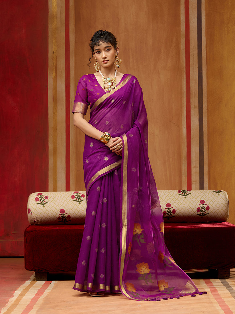 Monjolika Fashion Purple Handloom Cotton Blend Weaving Classic Saree | Grocsy