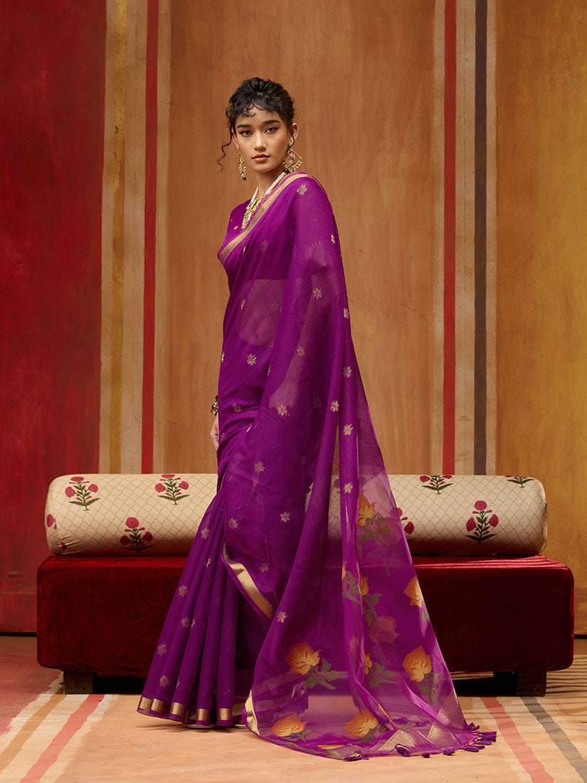 Monjolika Fashion Purple Handloom Cotton Blend Weaving Classic Saree | Grocsy